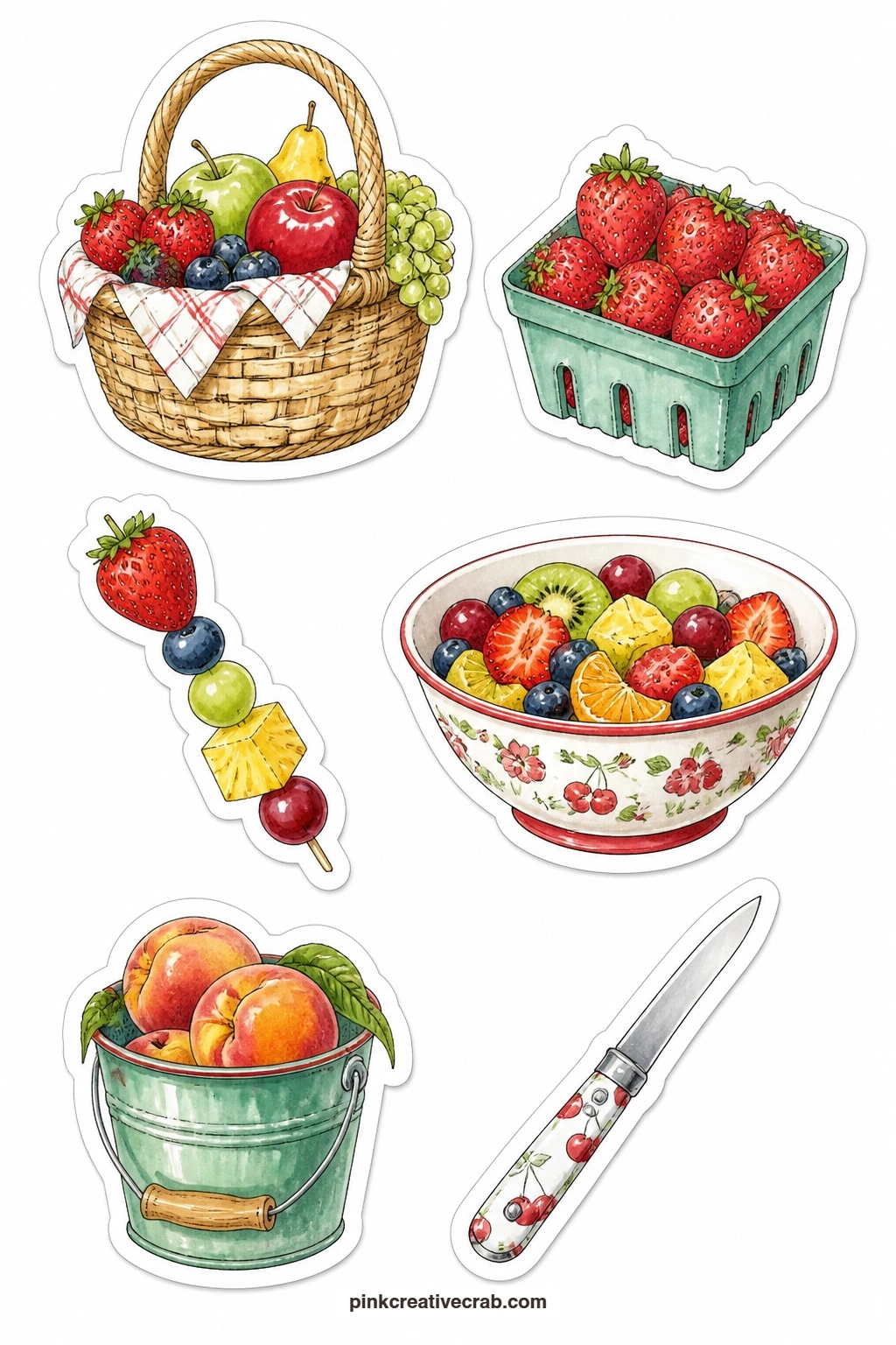 Fruit Picnic Stickers printable page — A picnic basket of fruit, a strawberry punnet, a fruit skewer, a fruit salad bowl, a bucket of peaches and a fruit knife