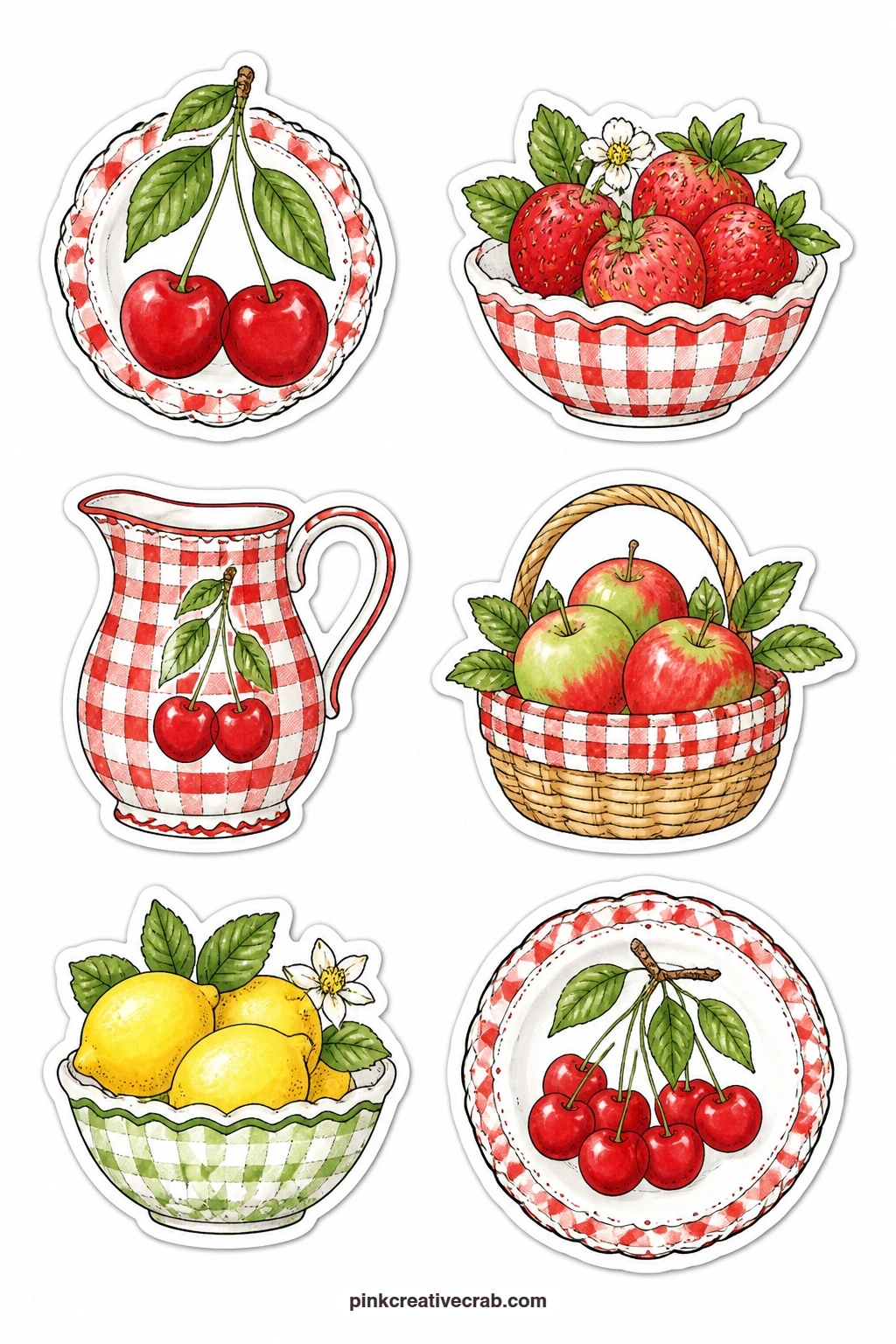 Gingham Fruit Stickers printable page. Vintage fruit stickers