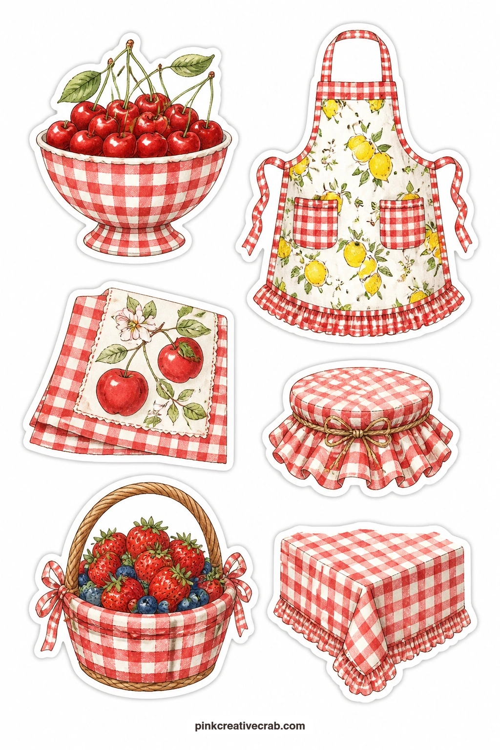 Gingham Fruit Stickers Two printable page — A gingham bowl of cherries, a gingham apron with lemons, a gingham napkin with apples, a gingham jar cover, a