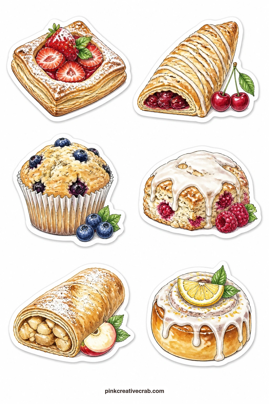 Fruit Pastry Stickers printable page — A strawberry danish, a cherry turnover, a blueberry muffin, a raspberry scone, an apple strudel and a lemon bun fill