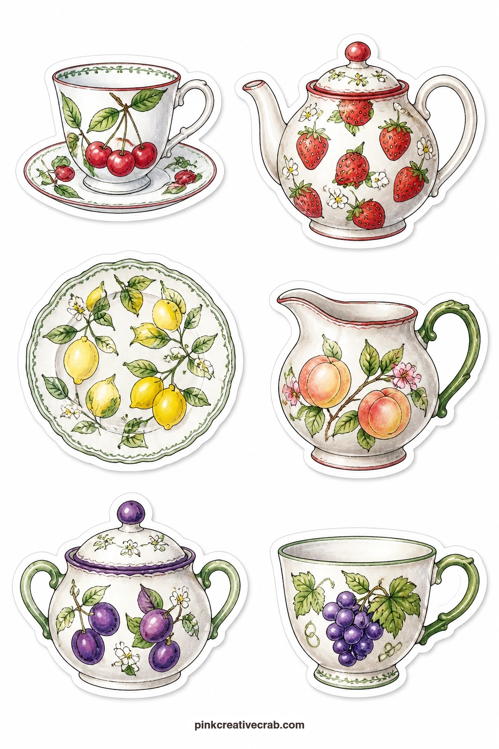 Fruit China Stickers printable page — A teacup with cherries, a strawberry teapot, a lemon plate, a peach creamer, a plum sugar bowl and a grape cup turn