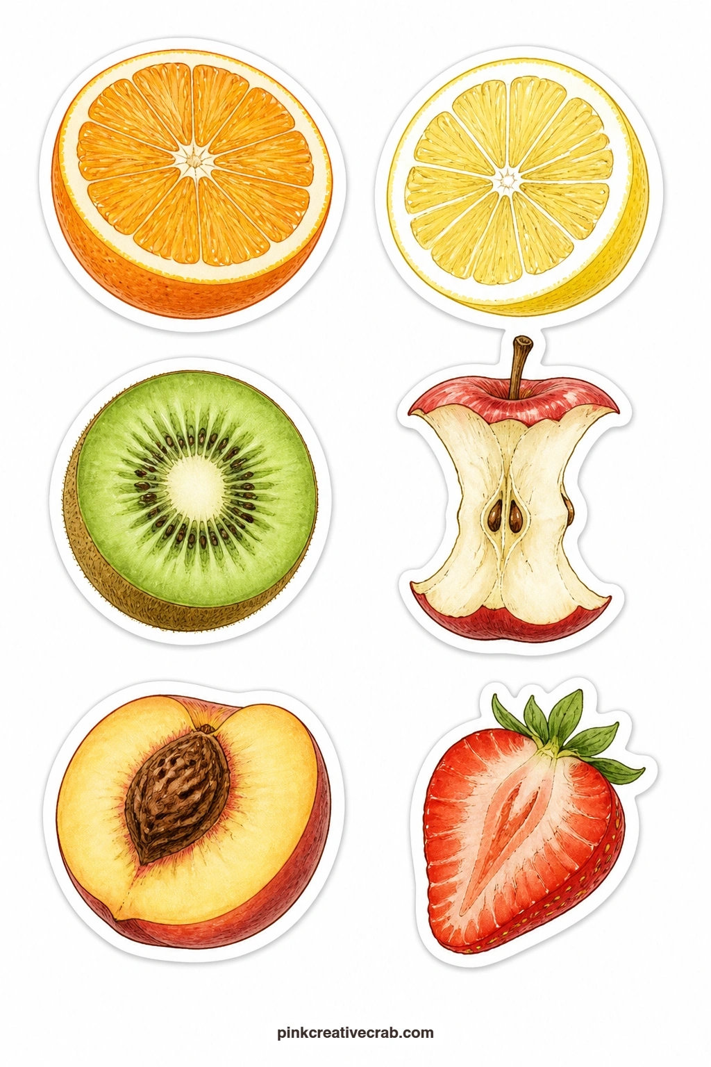 Cut Fruit Stickers printable page — An orange half, a lemon slice, a kiwi slice, an apple core, a peach half and a strawberry half show the inside of six