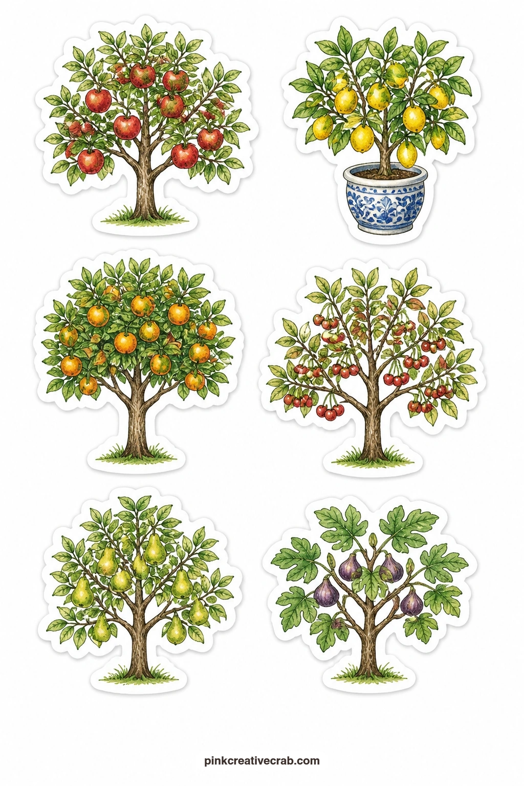 Fruit Tree Stickers printable page — An apple tree, a lemon tree in a pot, an orange tree, a cherry tree, a pear tree and a fig tree bring six full trees onto