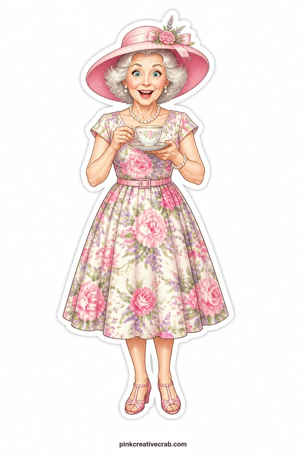 The Pink Hat Delight printable page — Here is the lady who sets the whole party's mood: big pink hat, string of pearls and a look of pure delight as she keeps