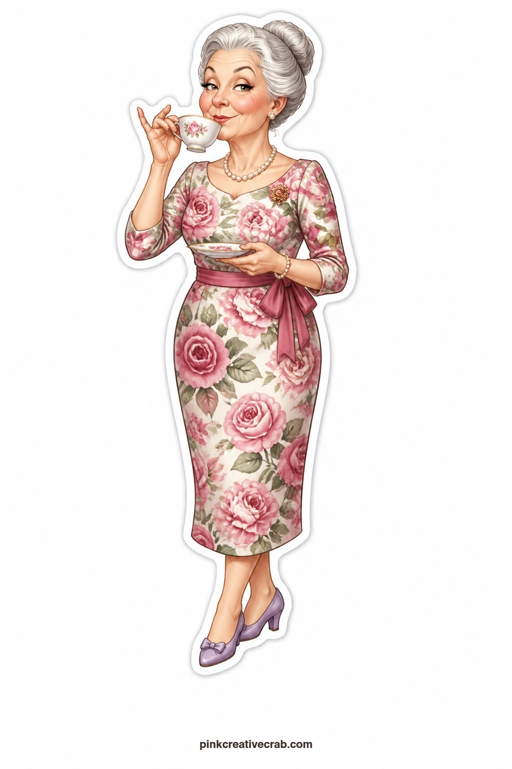Pinky Up Sass printable page — Sassy and self assured, this silver bunned lady in a rose print dress sips her tea with her pinky held up high, a fun pick for a