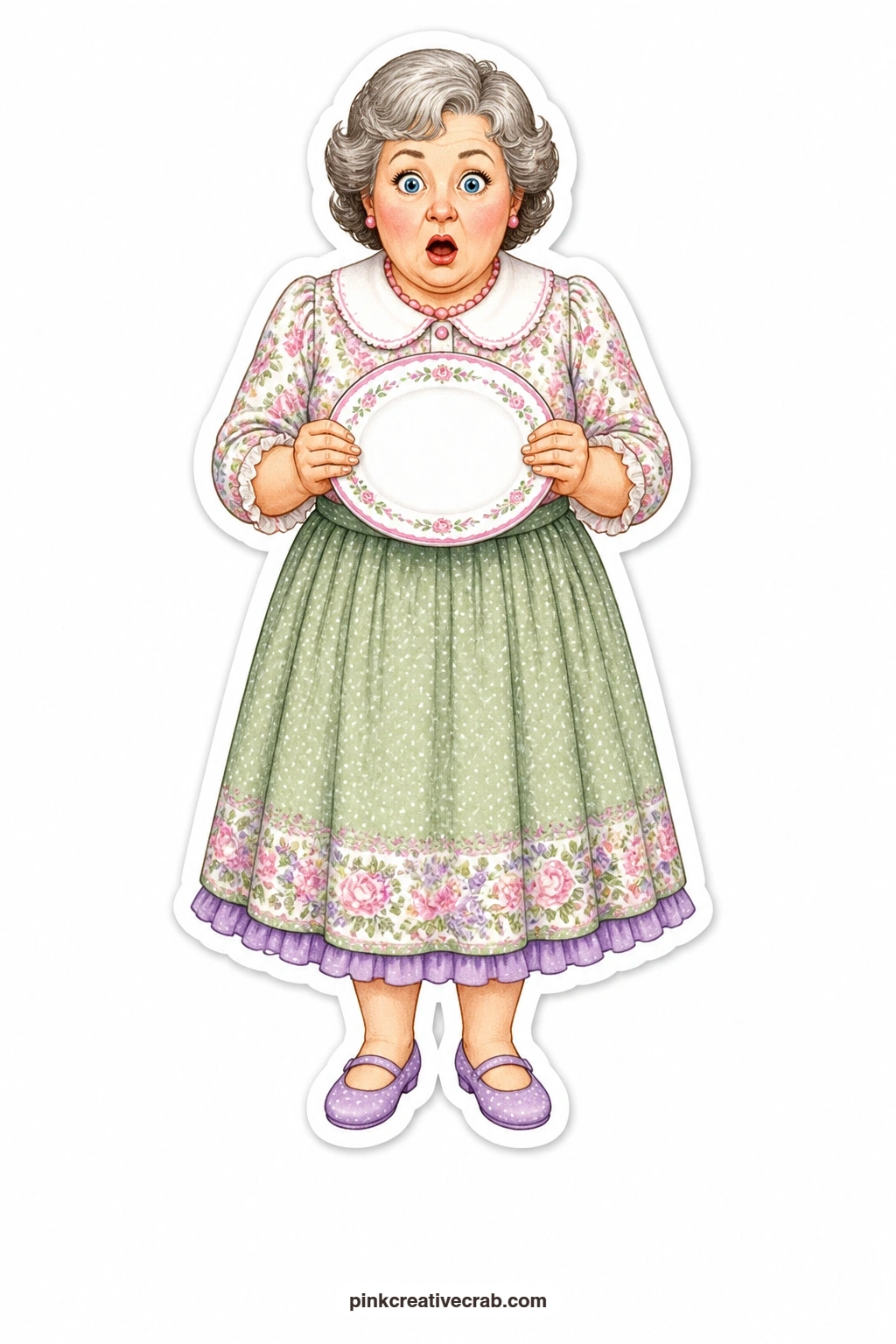 The Empty Plate Shock printable page — Mouth open and eyes wide, this lady in a floral blouse stares down at a cake plate with nothing left on it, the classic