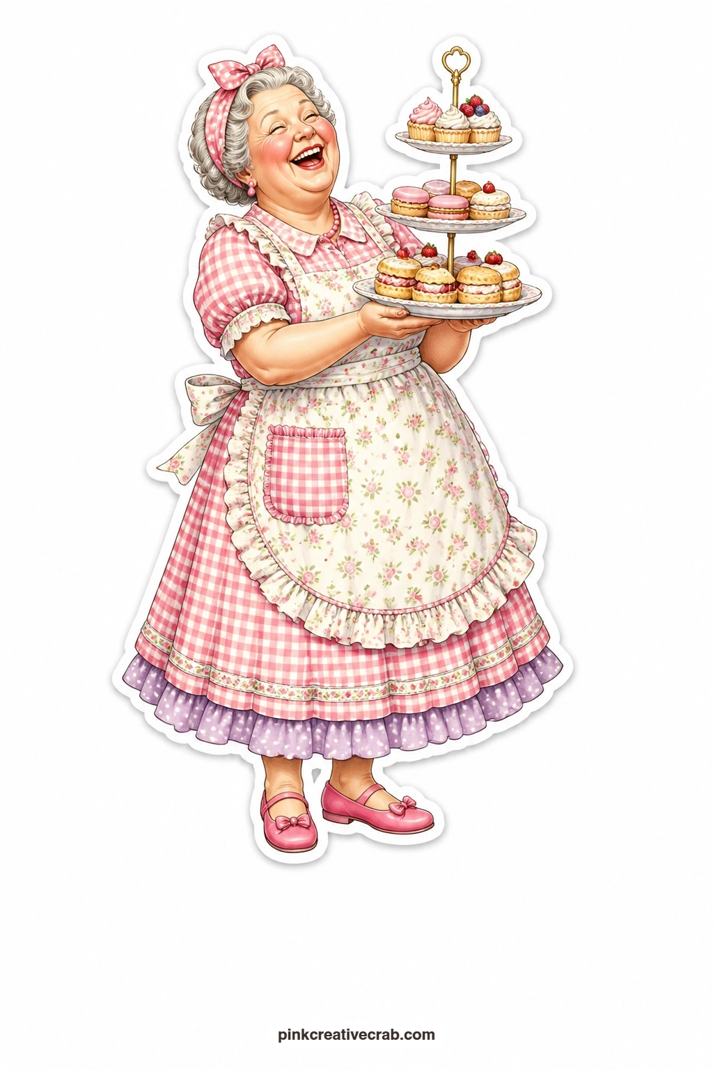 The Three Tier Carry printable page — Laughing with her whole face, a plump lady in a gingham dress carries a three tier cake stand loaded with treats, ideal