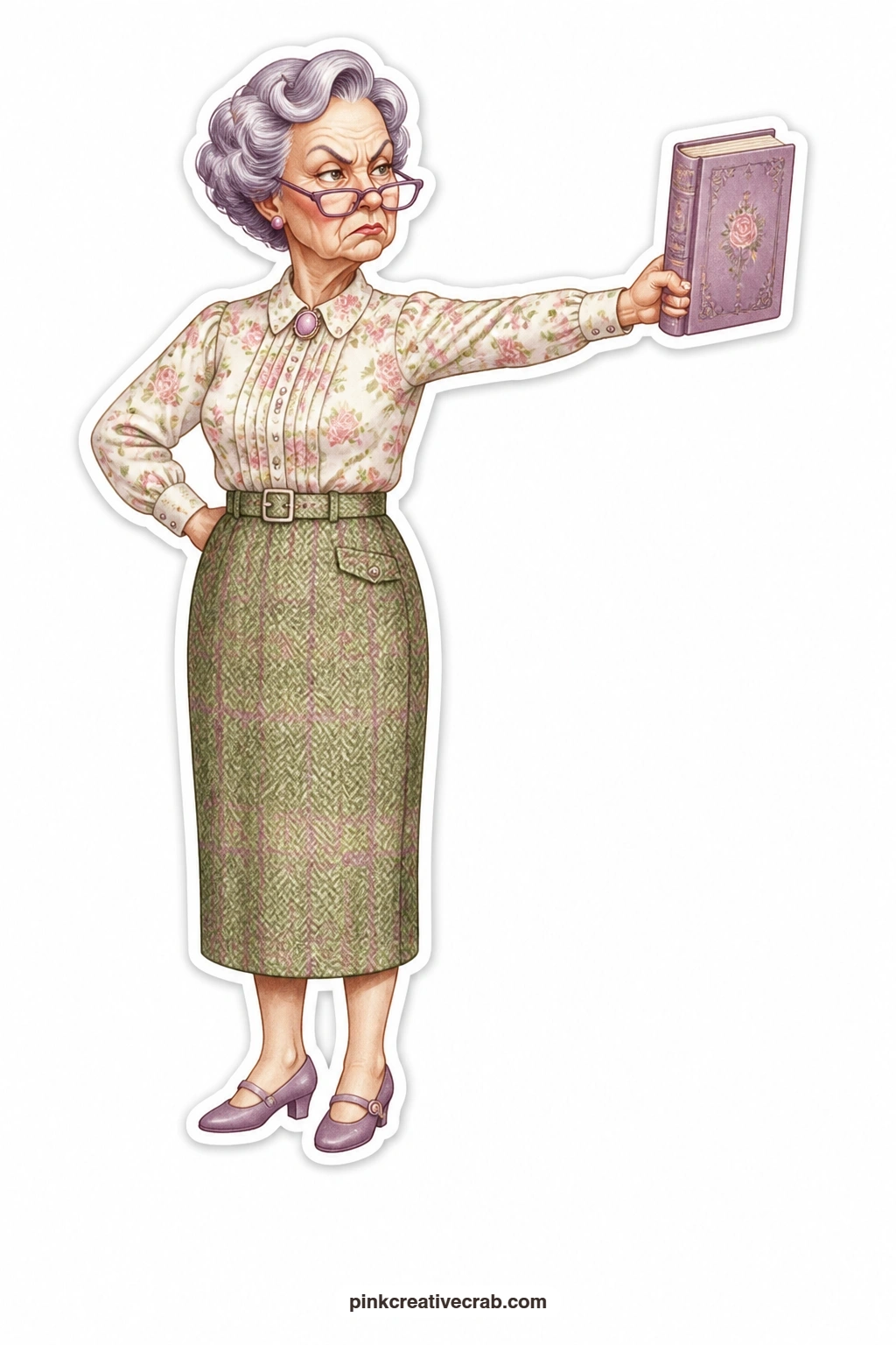 The Book She Hated printable page — Grumpy and unimpressed, this lady in a tweed skirt holds a book at arm's length as though it personally offended her, a fun