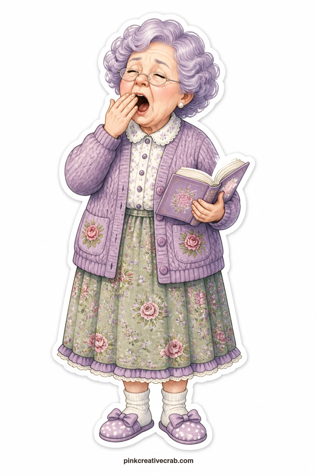 The Sleepy Yawn printable page — Behind an open book, this lady with a lavender perm yawns wide, eyes nearly shut, the honest truth of what happens to a book
