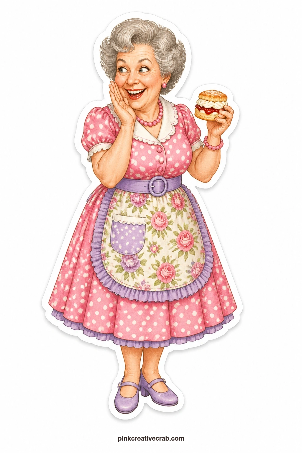 The Scone Gossip printable page — Grinning and clearly mid secret, this lady in a polka dot dress whispers behind one hand while still holding onto her scone