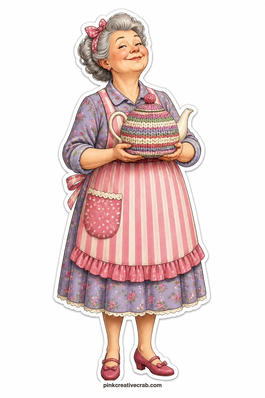 The Proud Teapot Carry printable page — Chin up and clearly proud of herself, this lady in a striped apron carries a teapot wrapped in its own knitted cozy
