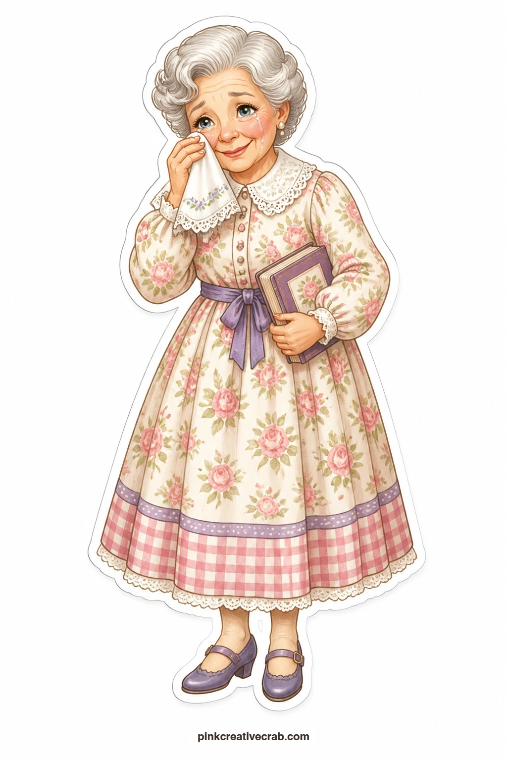 Happy Tears Over a Good Ending printable page — Dabbing at happy tears with a hanky in one hand and still holding her book in the other, this lady in a lace