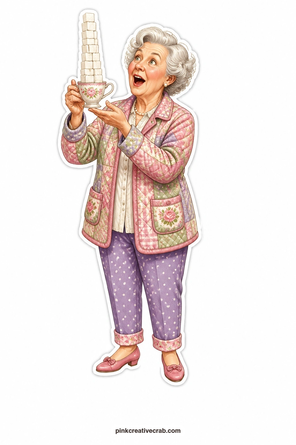 The Sugar Cube Tower printable page — Eyes wide with amazement, this lady in a quilted jacket holds up a teacup topped with a ridiculous tower of sugar cubes