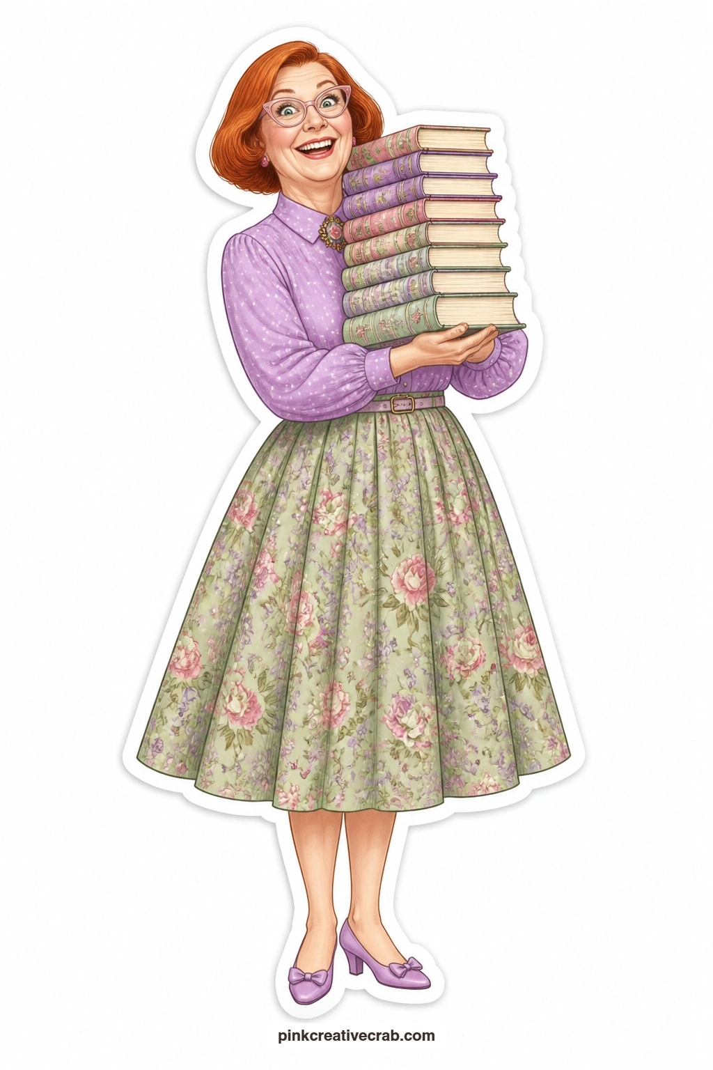 The Triumphant Library Stack printable page — Chin resting on top of a stack of library books held up high, this red bobbed lady wears pure triumph on her