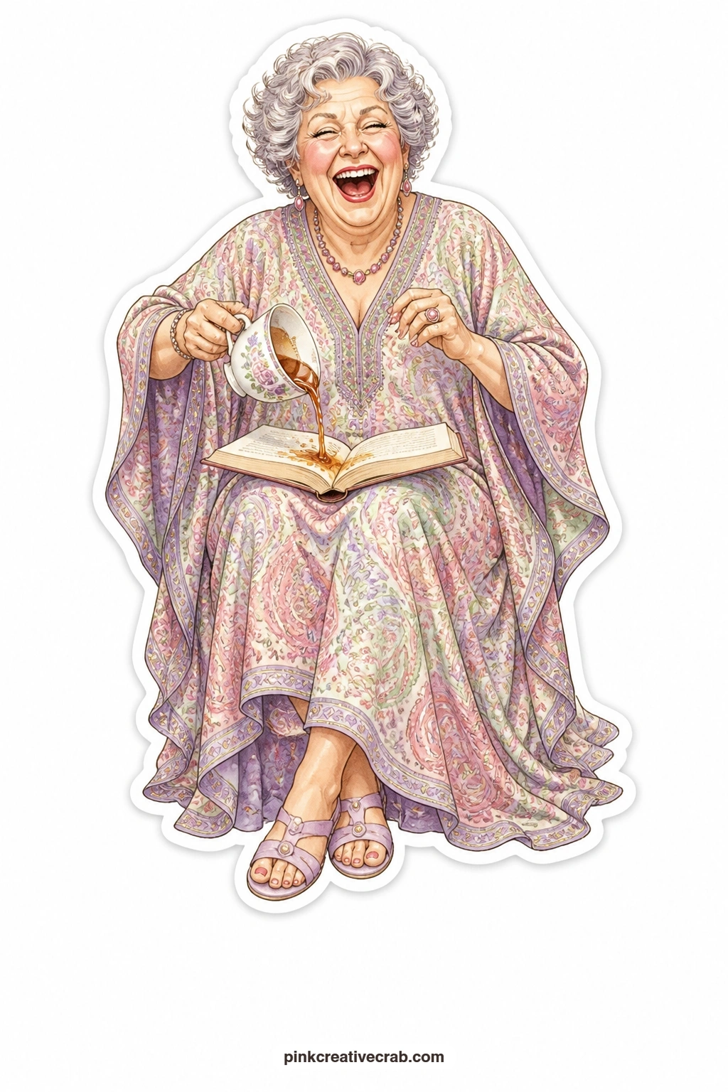 The Spilled Tea Giggle printable page — Giggling instead of panicking, this lady in a paisley caftan spills her tea straight onto the open book in her lap