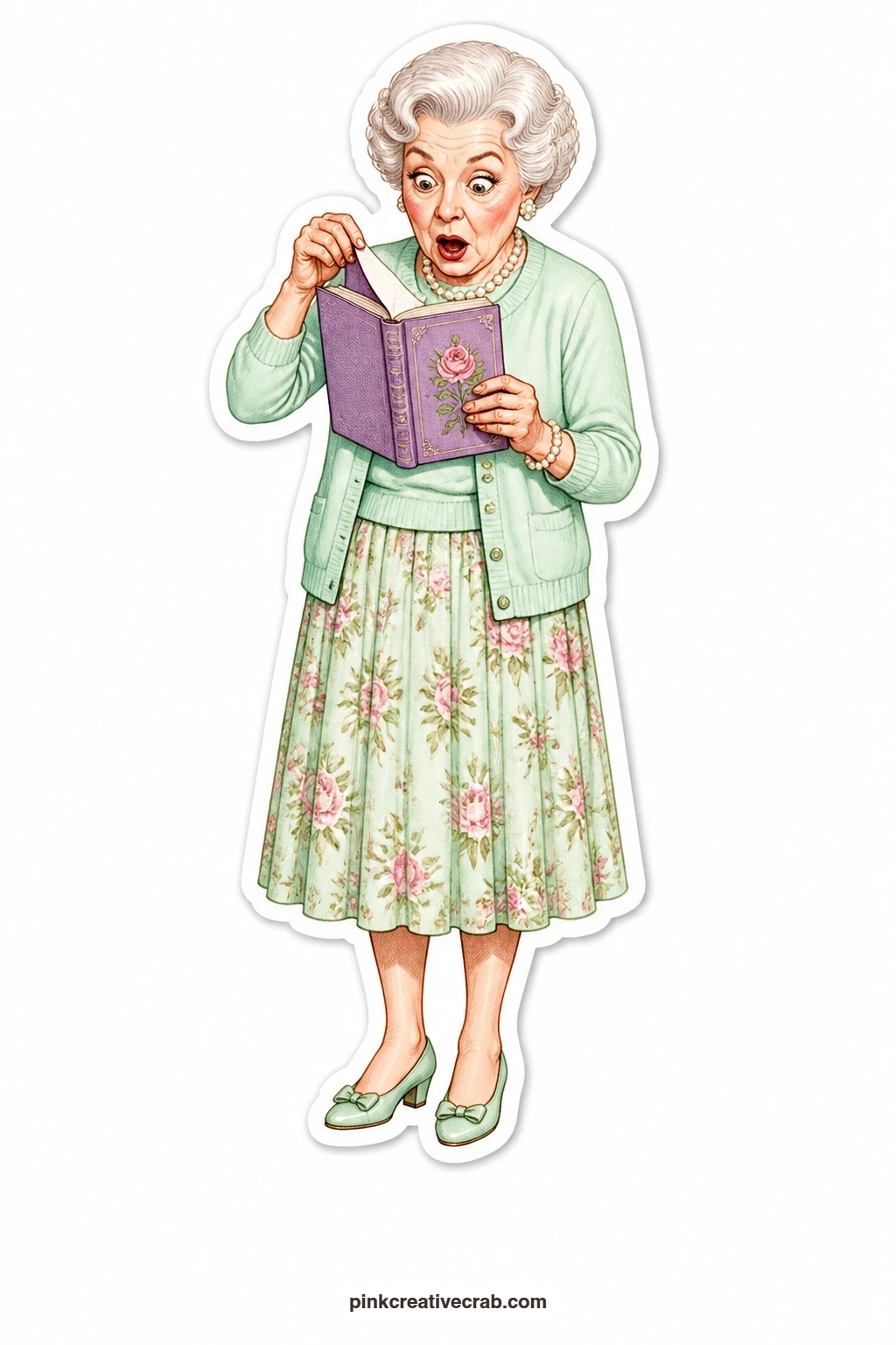 The Last Page Peek printable page — Caught red handed peeking at the ending early, this lady in a mint twinset wears pure shock on her face as she sneaks a