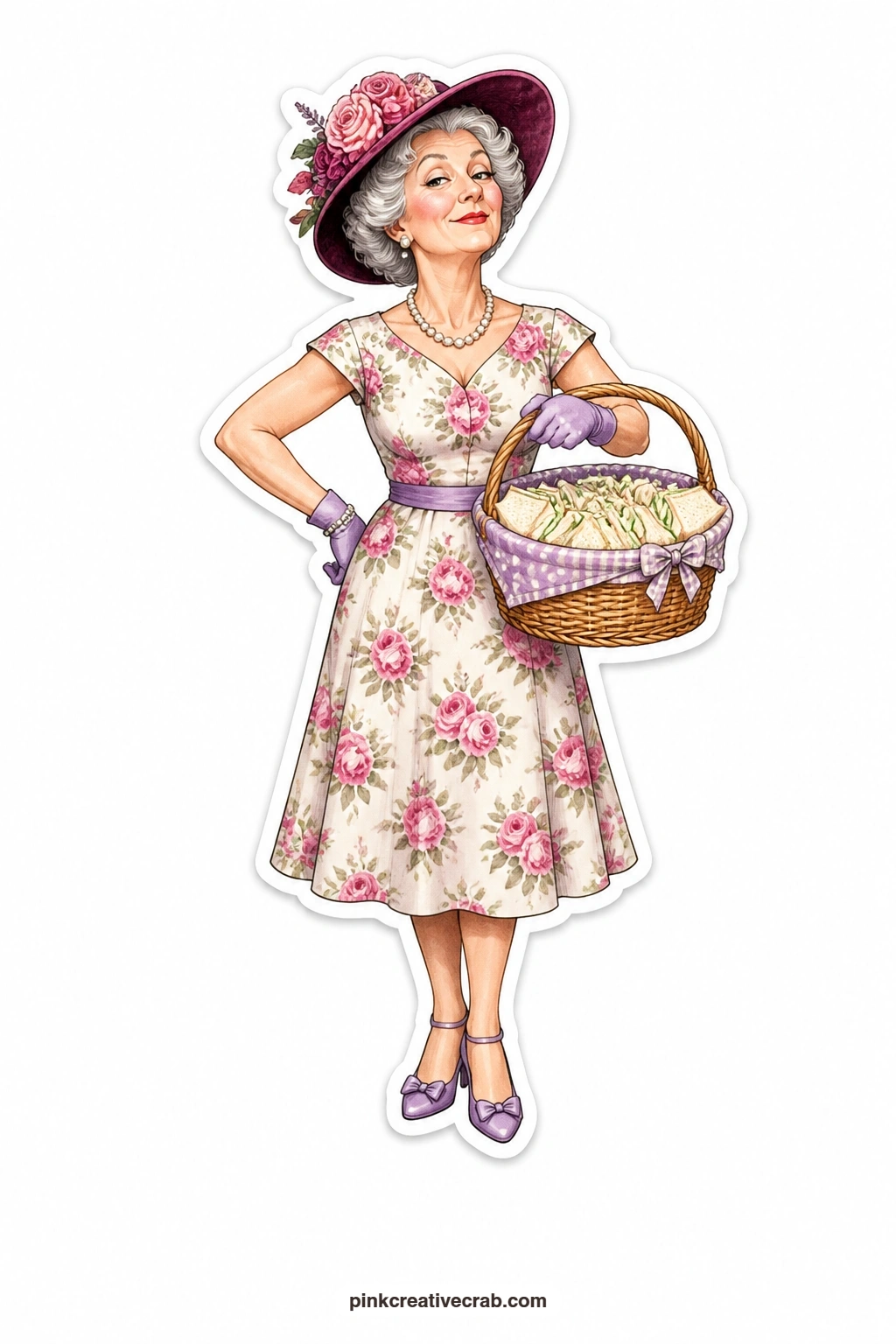 The Cucumber Sandwich Basket printable page — Sassy and completely unbothered, this lady in a velvet hat carries a basket of cucumber sandwiches like she owns