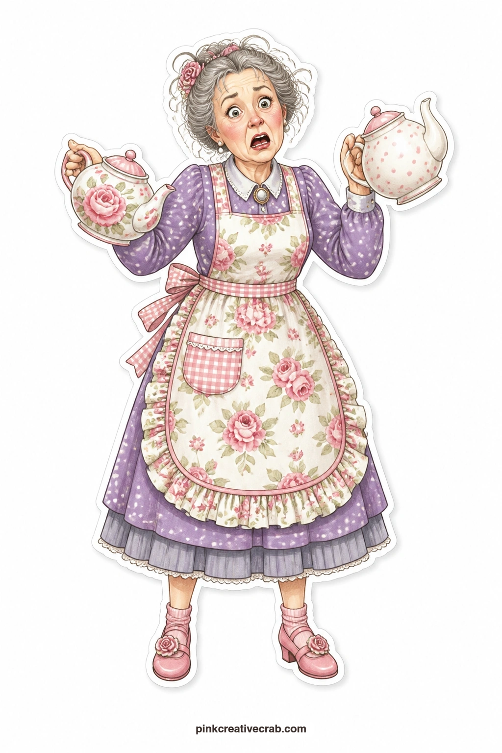 The Two Teapot Fluster printable page — Flustered and clearly overwhelmed, this lady in a floral apron somehow ends up holding two full teapots at once, a