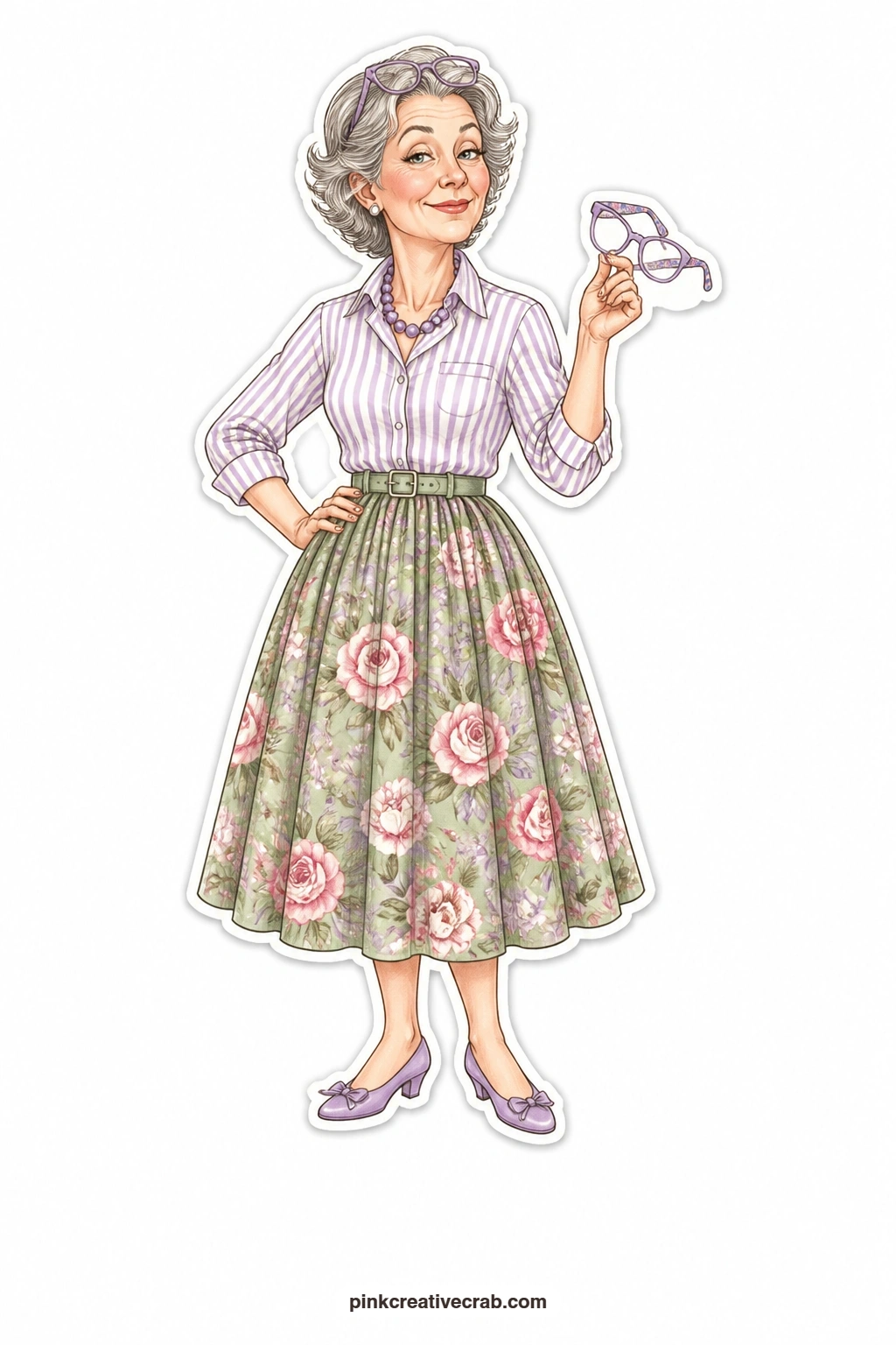 The Spare Glasses Smug printable page — Smug and clearly pleased with her own foresight, this lady in a striped blouse wears one pair of reading glasses on her
