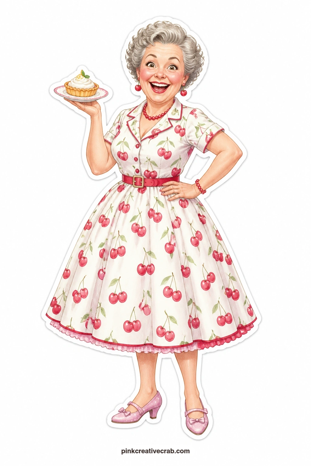 The Lemon Tart Joy printable page — Overjoyed and glowing, this lady in a cherry print dress holds up a lemon tart like she just won a prize for it, a bright
