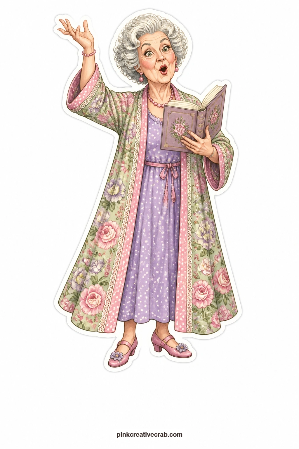 The Dramatic Read Aloud printable page — One hand raised high and her whole face thrown into the performance, this lady in a long cardigan reads aloud like she