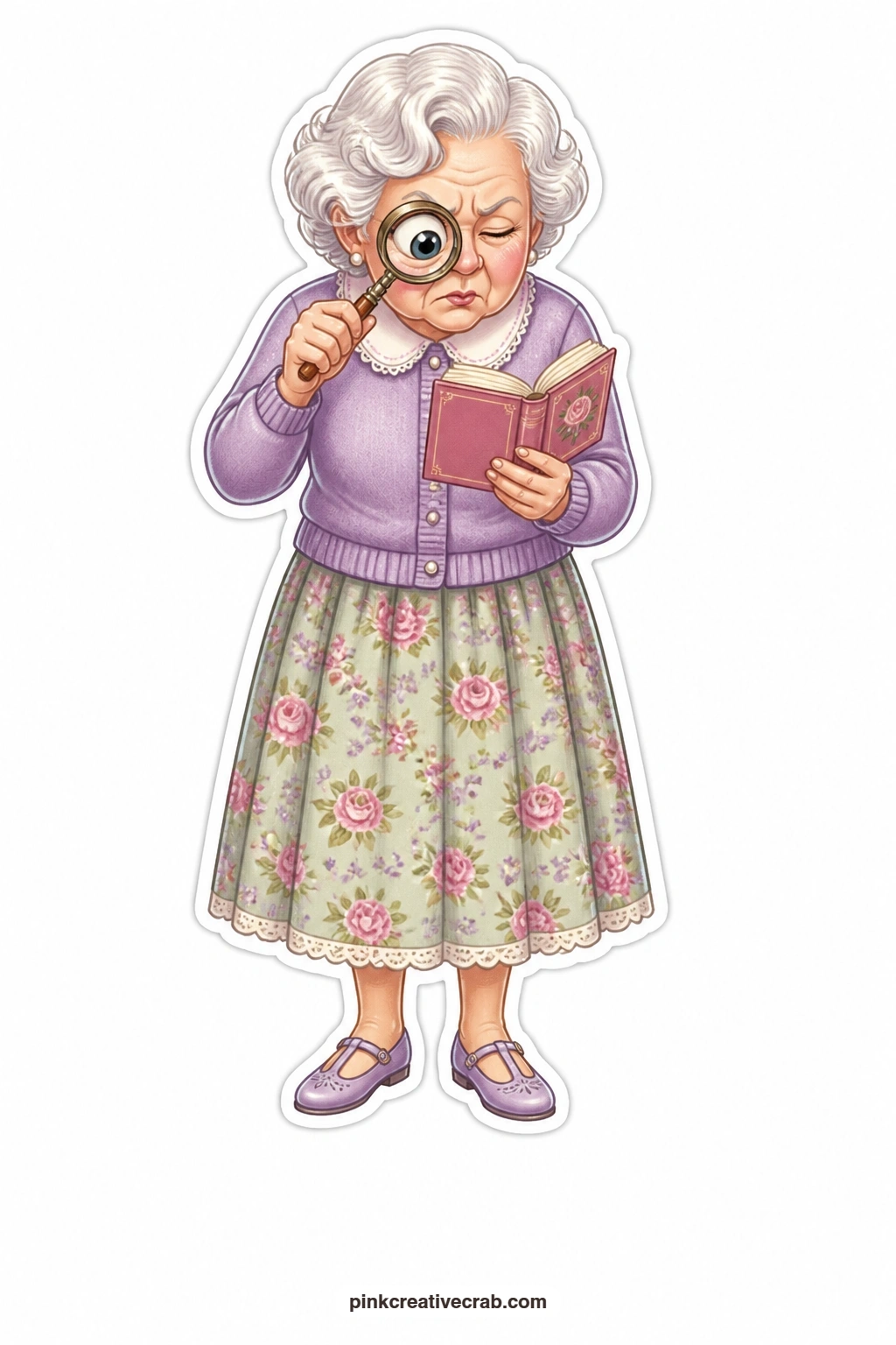 The Magnifying Glass Puzzle printable page — Puzzled and squinting hard, this white curled lady holds a magnifying glass over a tiny book, trying to make sense