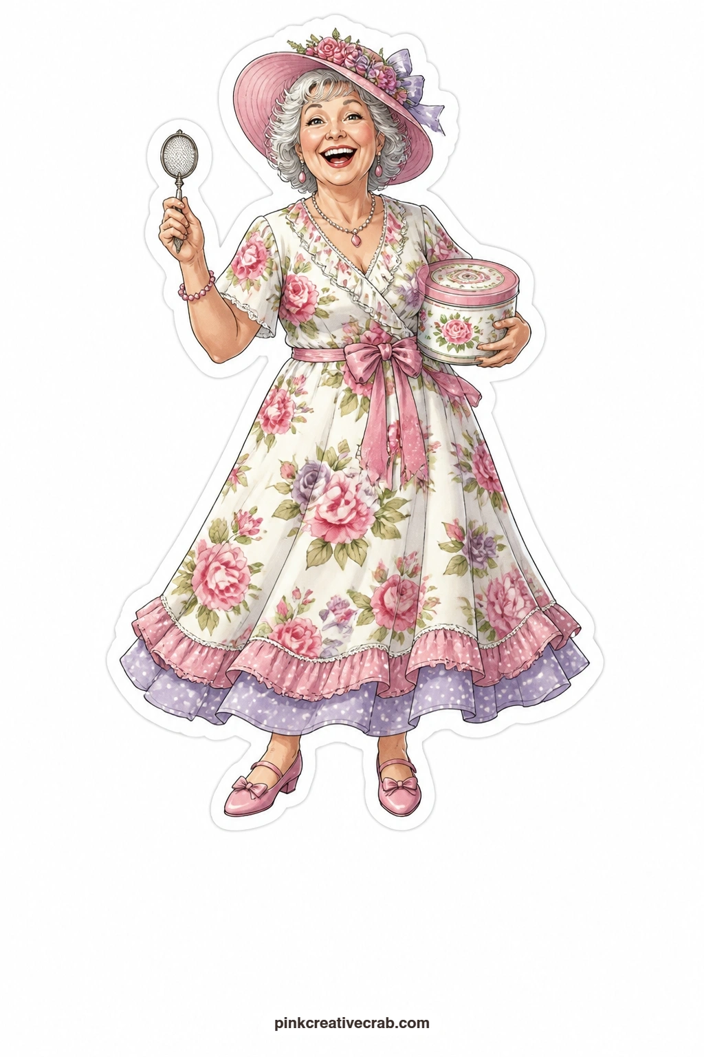 The Garden Party Laugh printable page — Laughing freely with a tea strainer in one hand and a biscuit tin tucked under the other arm, this lady in a garden