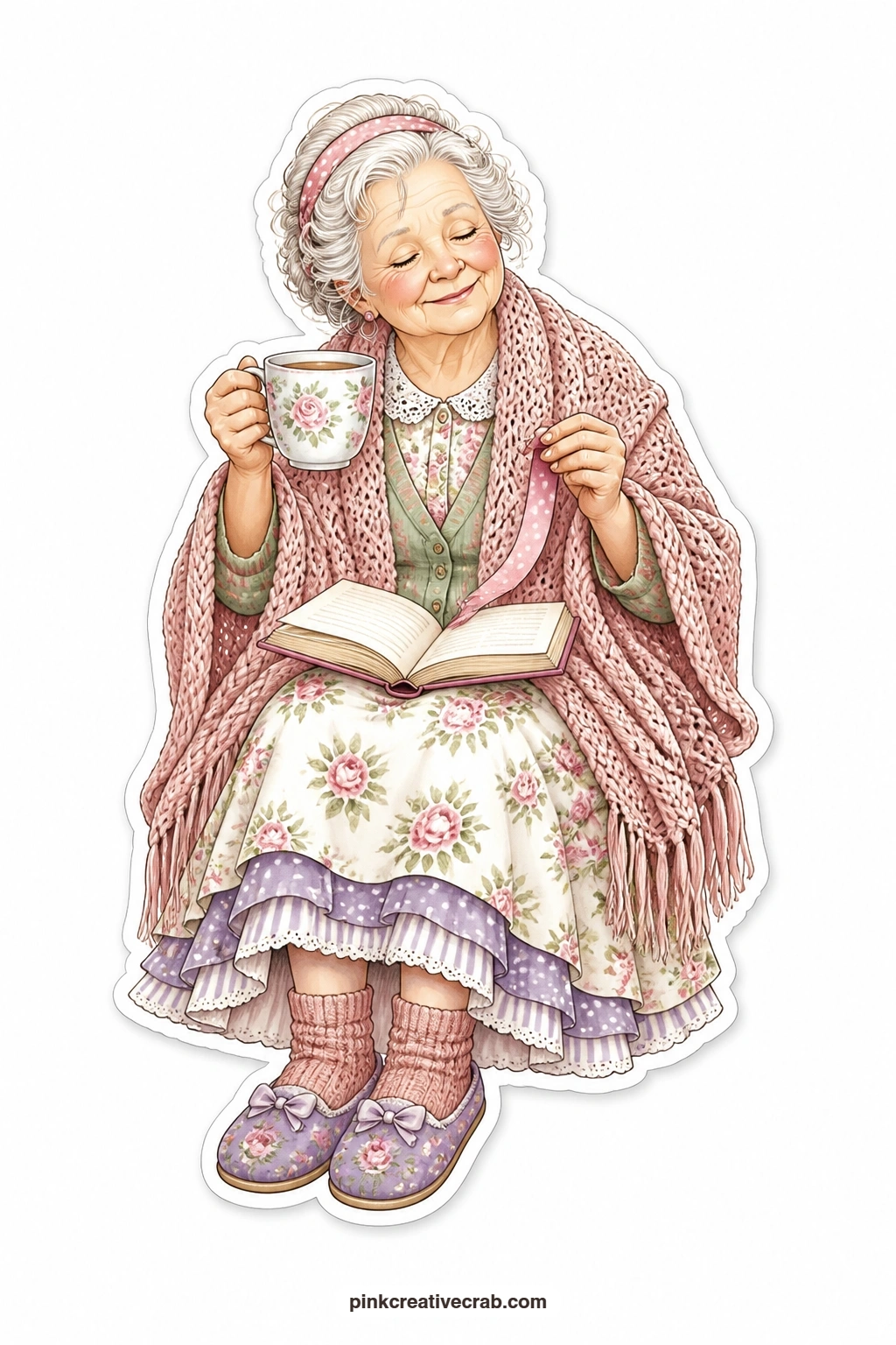 The Cosy Shawl Reader printable page — Settled and completely content, this lady in a knitted shawl holds a warm mug in one hand and a ribbon bookmark in the