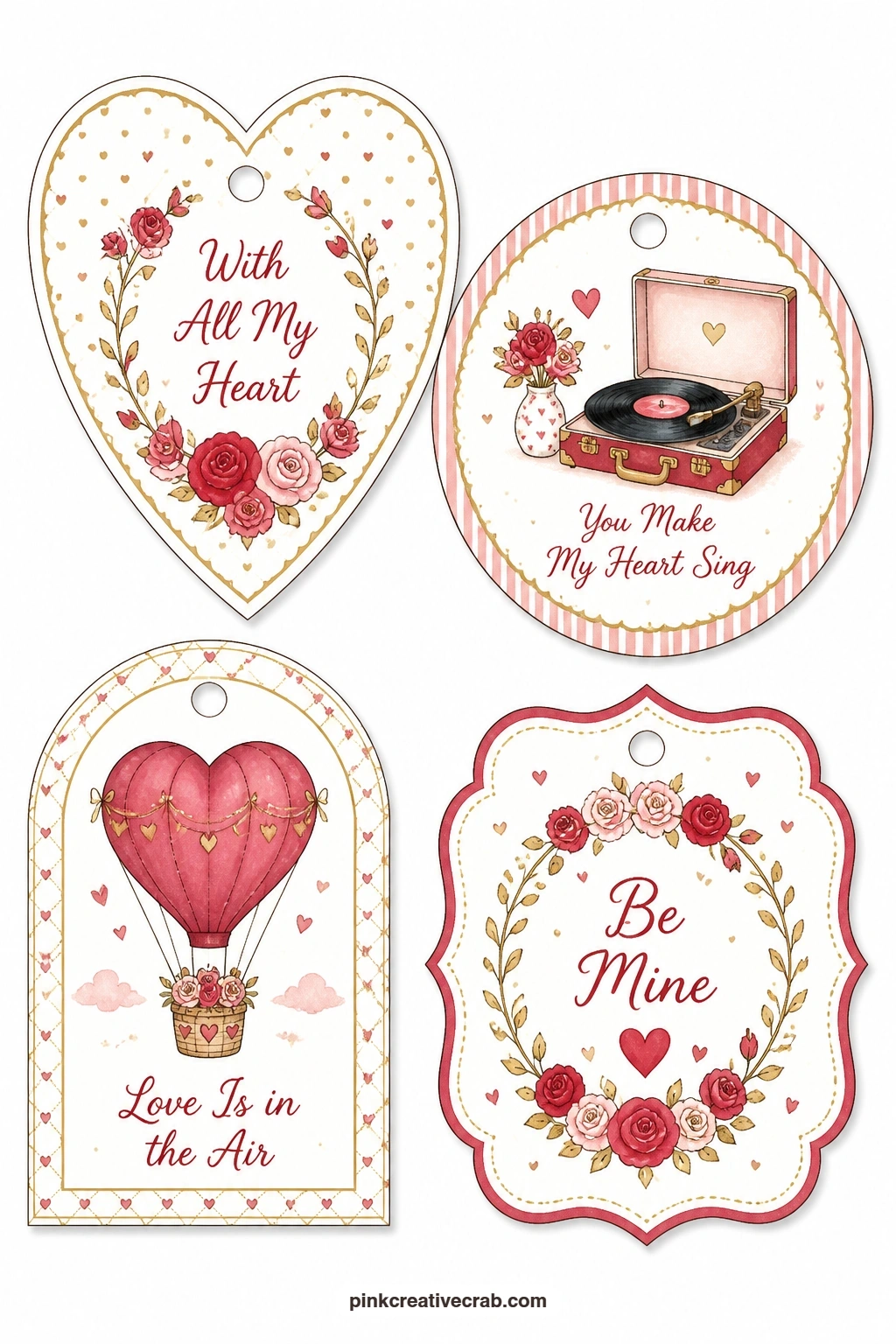 Gold Dots and Record Player Tags printable page — Closing the collection with a nostalgic trio: a heart-shaped tag with gold dots, a round tag with a small
