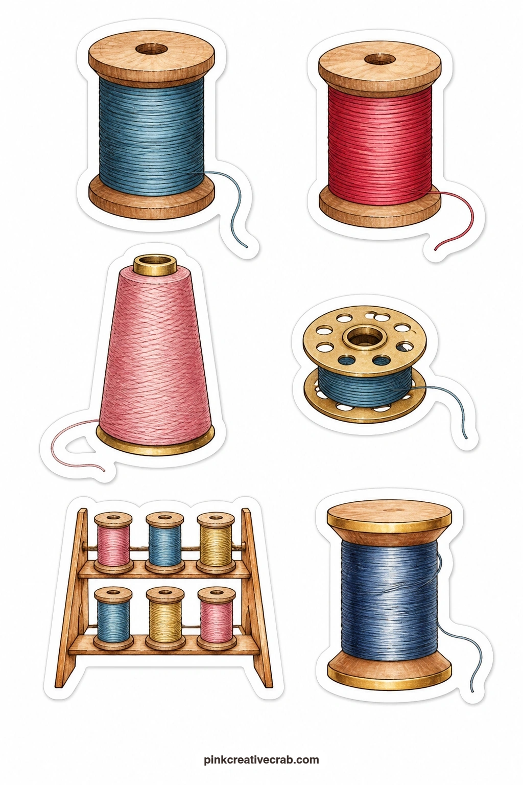 Thread Spools Stickers printable page — Thread spools stickers gather a wooden spool, a spool of red thread, a cone of thread, a bobbin, a thread rack and a