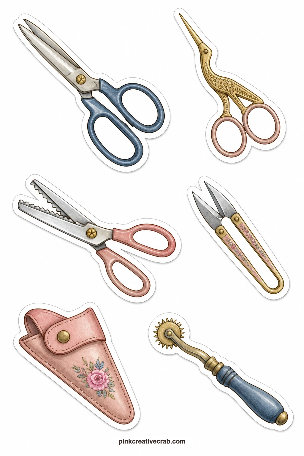 Scissors And Shears Stickers printable page — Dressmaker shears, stork embroidery scissors, pinking shears, a thread snip, a scissor sheath and a buttonhole