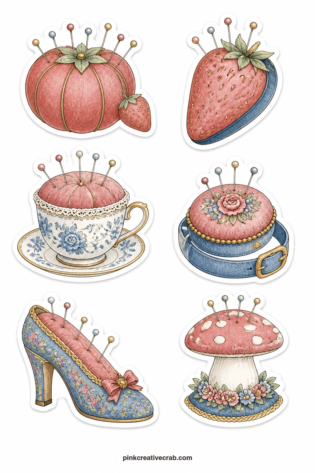 Pincushions Stickers printable page — A tomato pincushion, a strawberry emery, a teacup pincushion, a wrist pincushion, a shoe pincushion and a mushroom