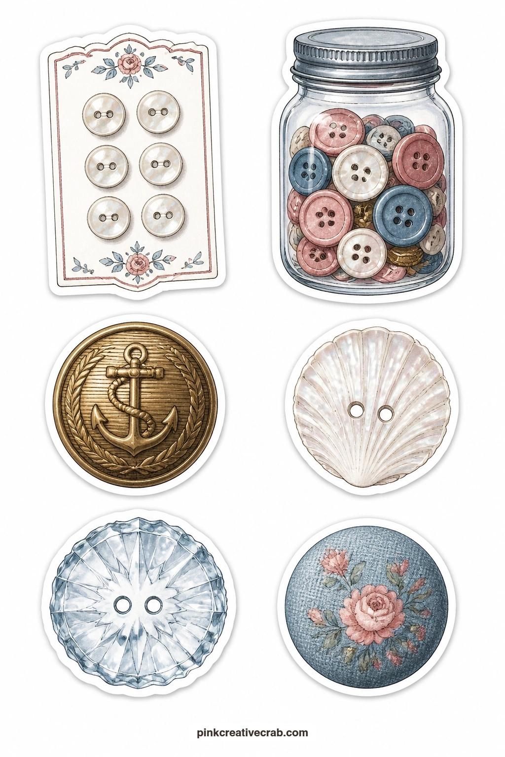 Buttons Stickers printable page — A card of pearl buttons, a jar of buttons, a brass military button, a shell button, a glass button and a fabric covered