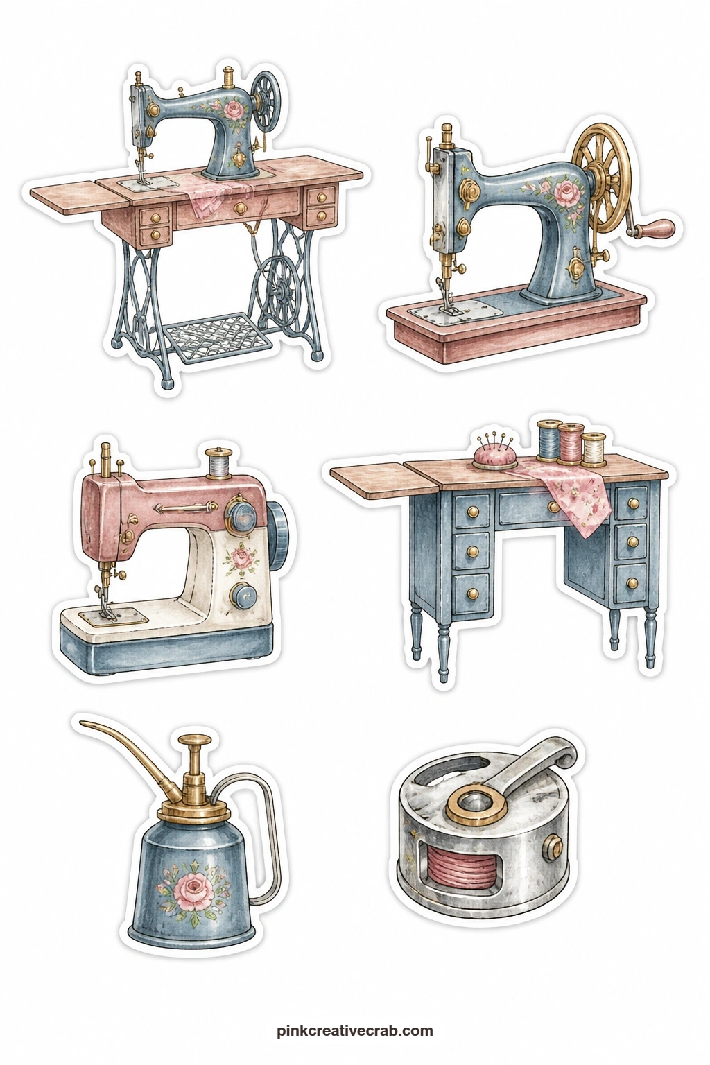 Vintage Sewing Machines Stickers printable page — A treadle machine, a hand crank machine, a portable machine, a sewing table, a machine oil can and a bobbin