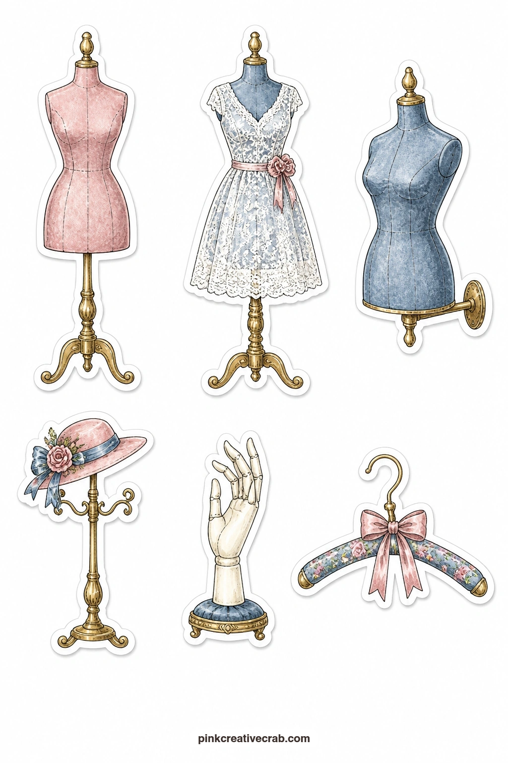 Dress Forms Stickers printable page — A dress form, a dress form with a lace dress, a half form, a hat stand, a mannequin hand and a padded hanger make this