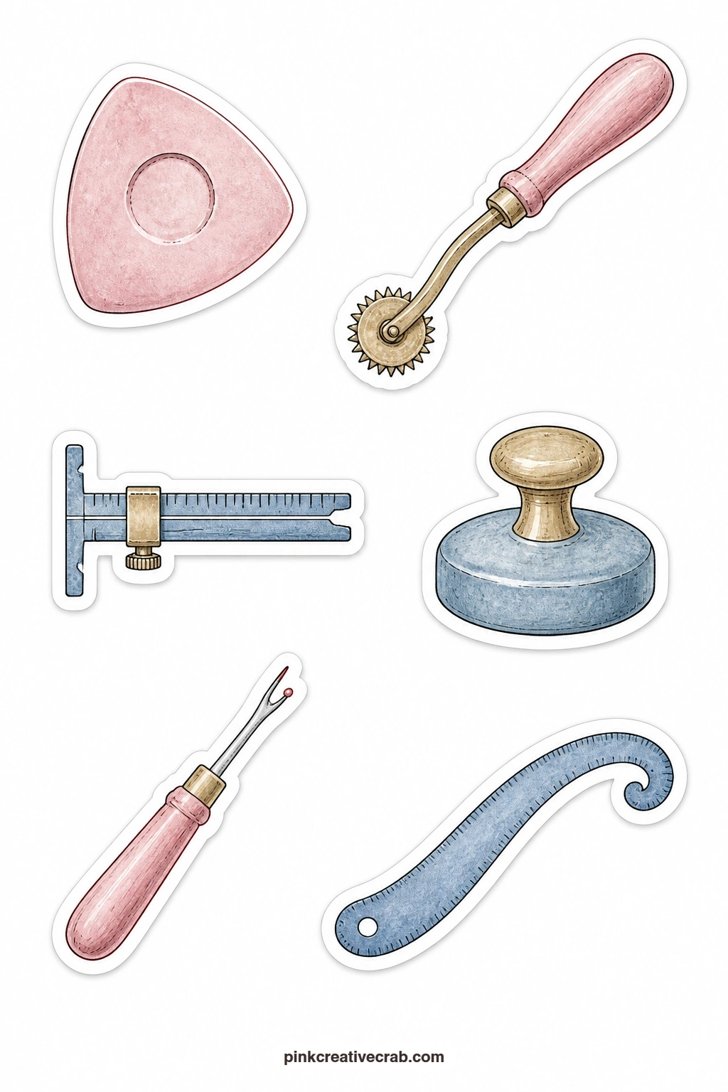 Measuring And Marking Stickers printable page — Tailor's chalk, a tracing wheel, a hem gauge, a pattern weight, a seam ripper and a curved ruler sit together