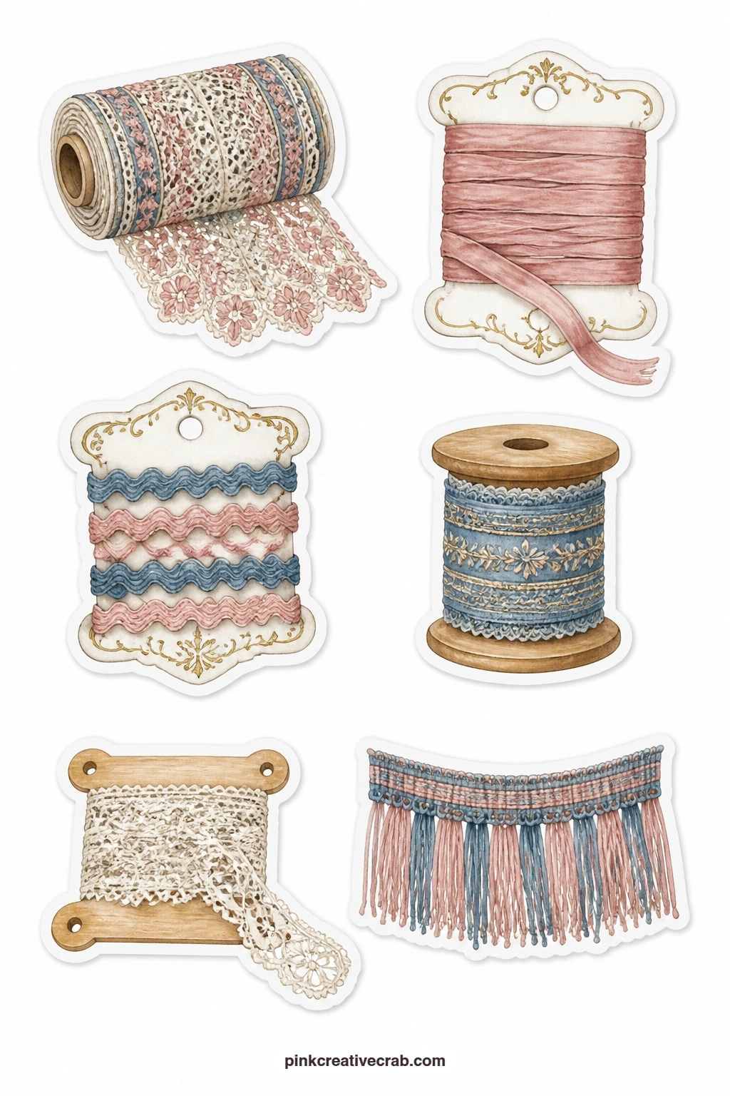 Lace And Trims Stickers printable page — A lace bolt, a ribbon card, a rick rack card, a trim spool, a lace bobbin and a fringe cover this sheet, soft edged