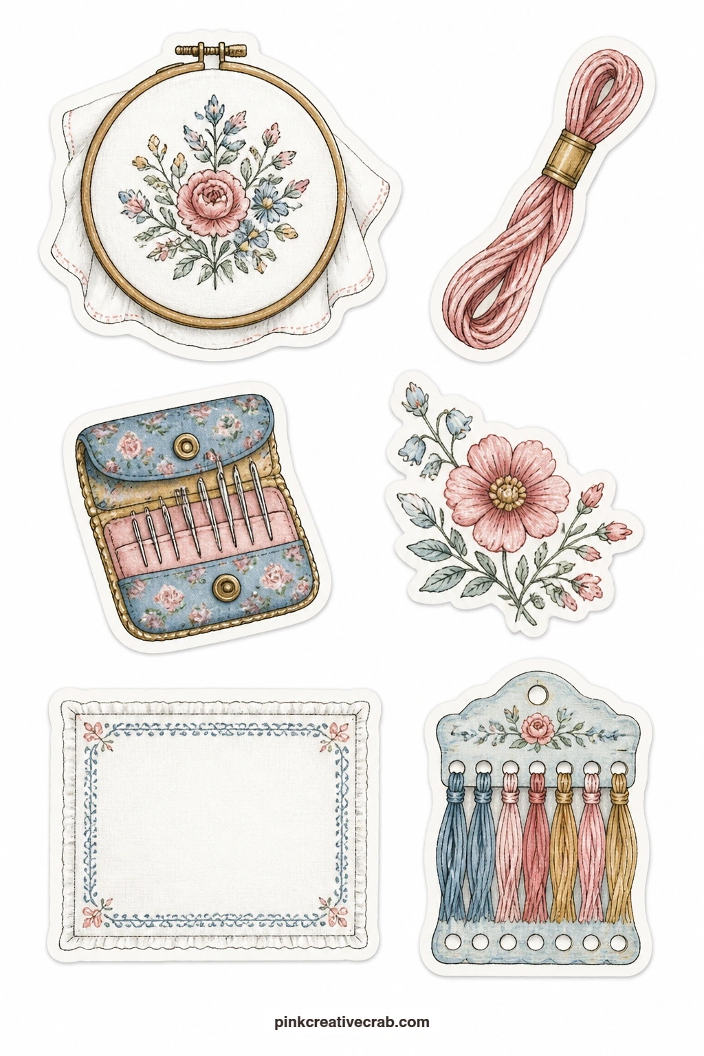 Embroidery Stickers printable page — An embroidery hoop, a floss skein, a needle case, a stitched flower, a sampler with no letters and a thread organizer make