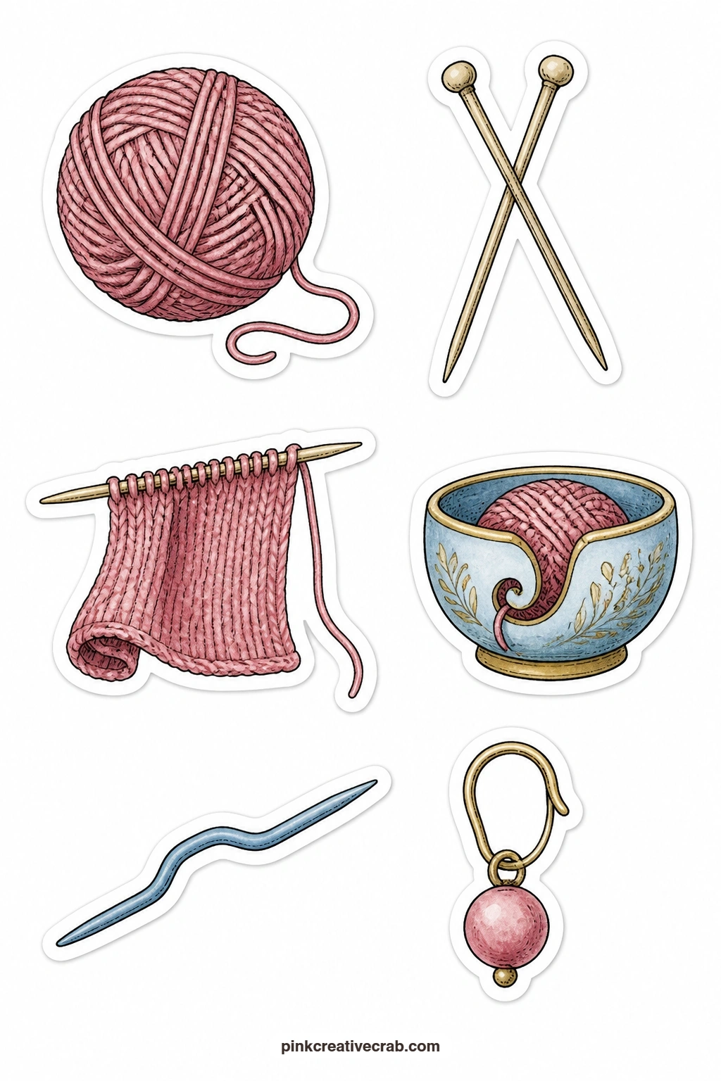 Knitting Stickers printable page — A ball of wool, knitting needles, a half-knit scarf, a yarn bowl, a cable needle and a stitch marker sit on this sheet for