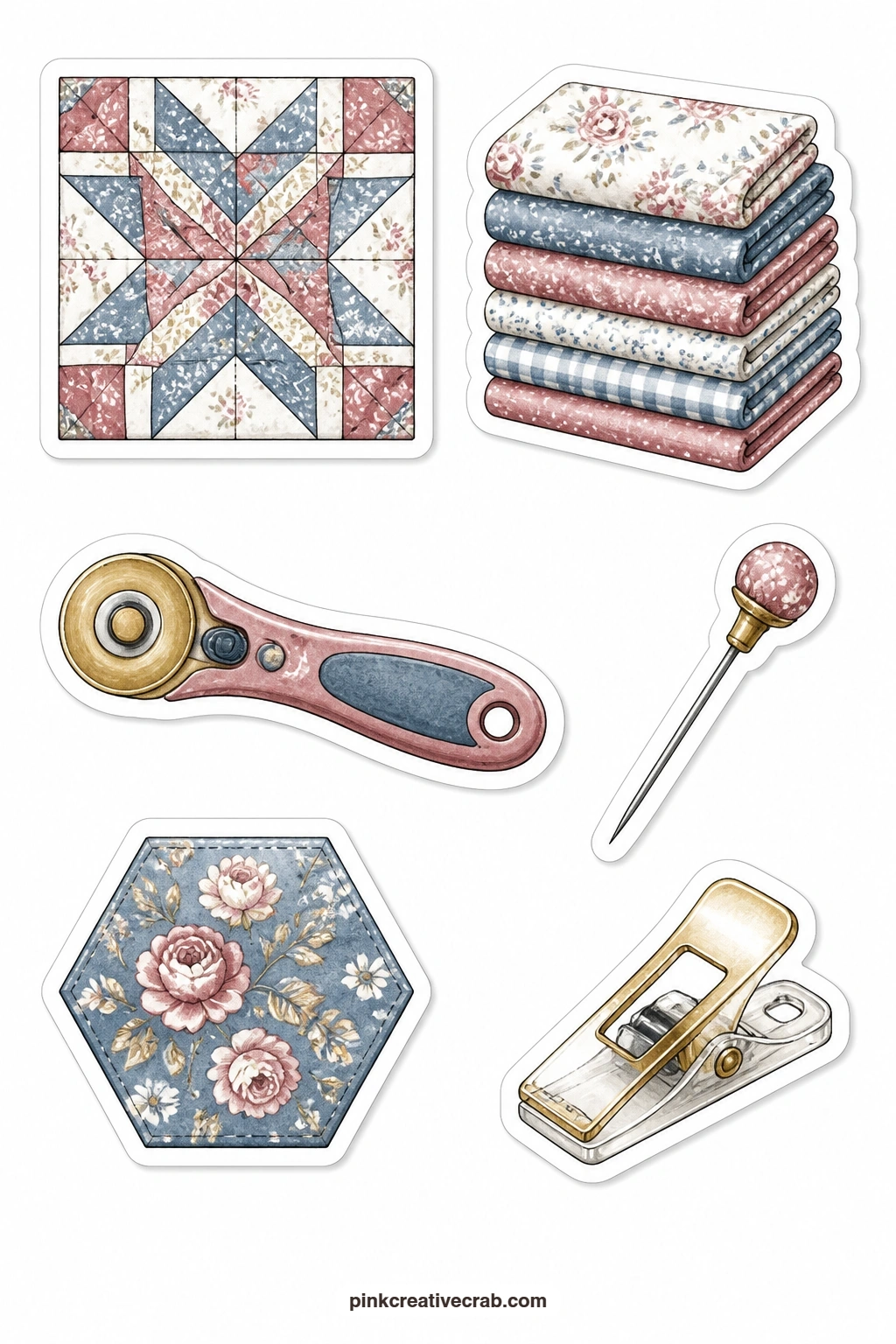 Quilting Stickers printable page — A quilt block, a fabric stack, a rotary cutter, a quilting pin, a hexagon piece and a binding clip make this sheet a small