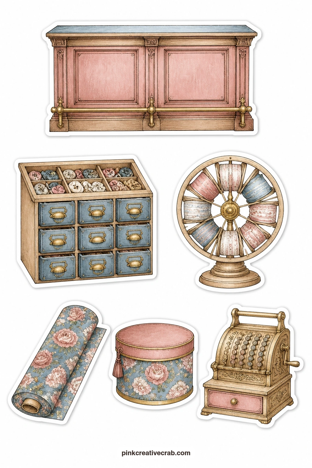 Haberdashery Shop Stickers printable page — A shop counter, a button drawer, a ribbon wheel, a bolt of fabric, a hat box and an old till cover this sheet, the