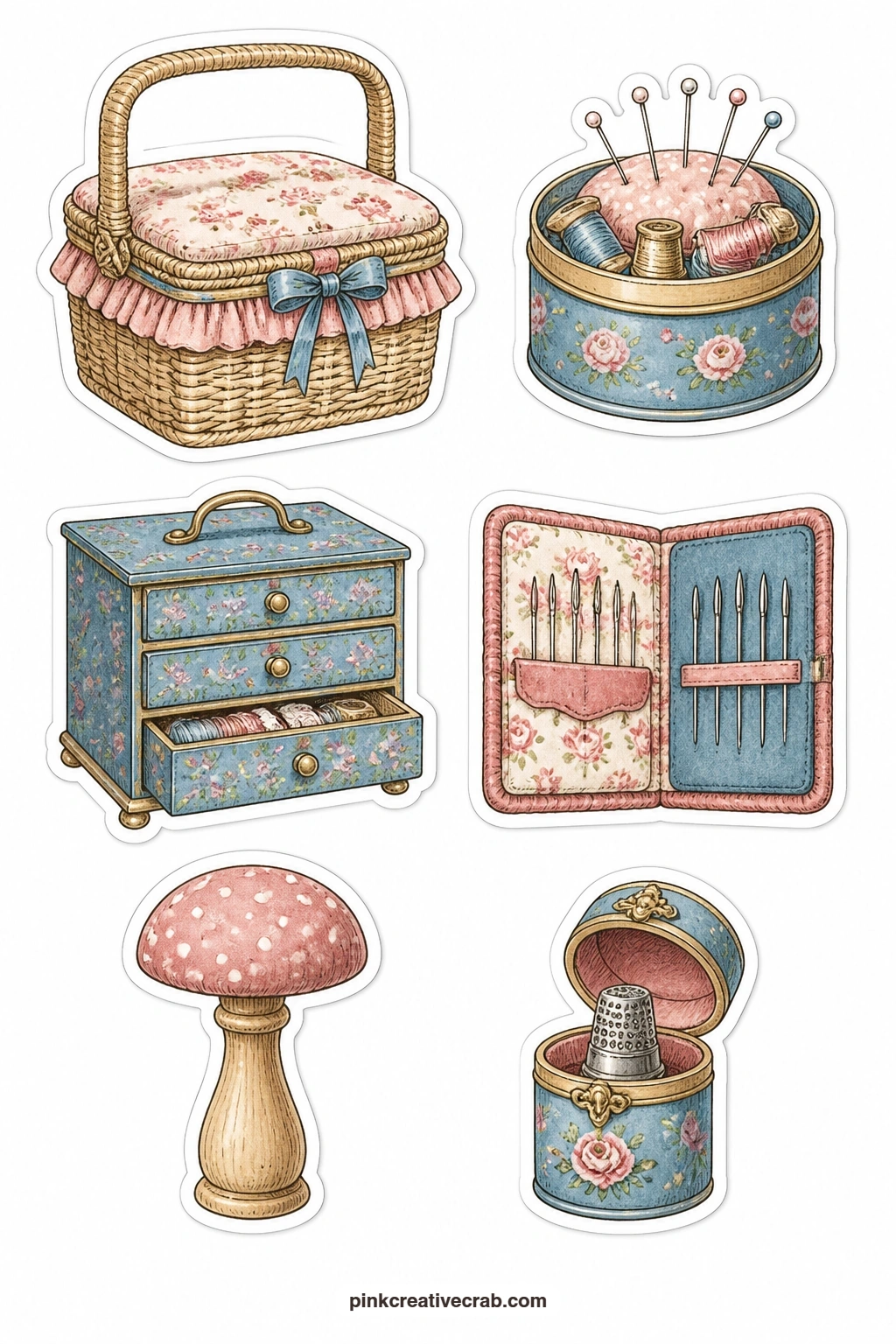 Sewing Baskets Stickers printable page — A wicker sewing basket, a sewing tin, a sewing box with drawers, a needle book, a darning mushroom and a thimble case