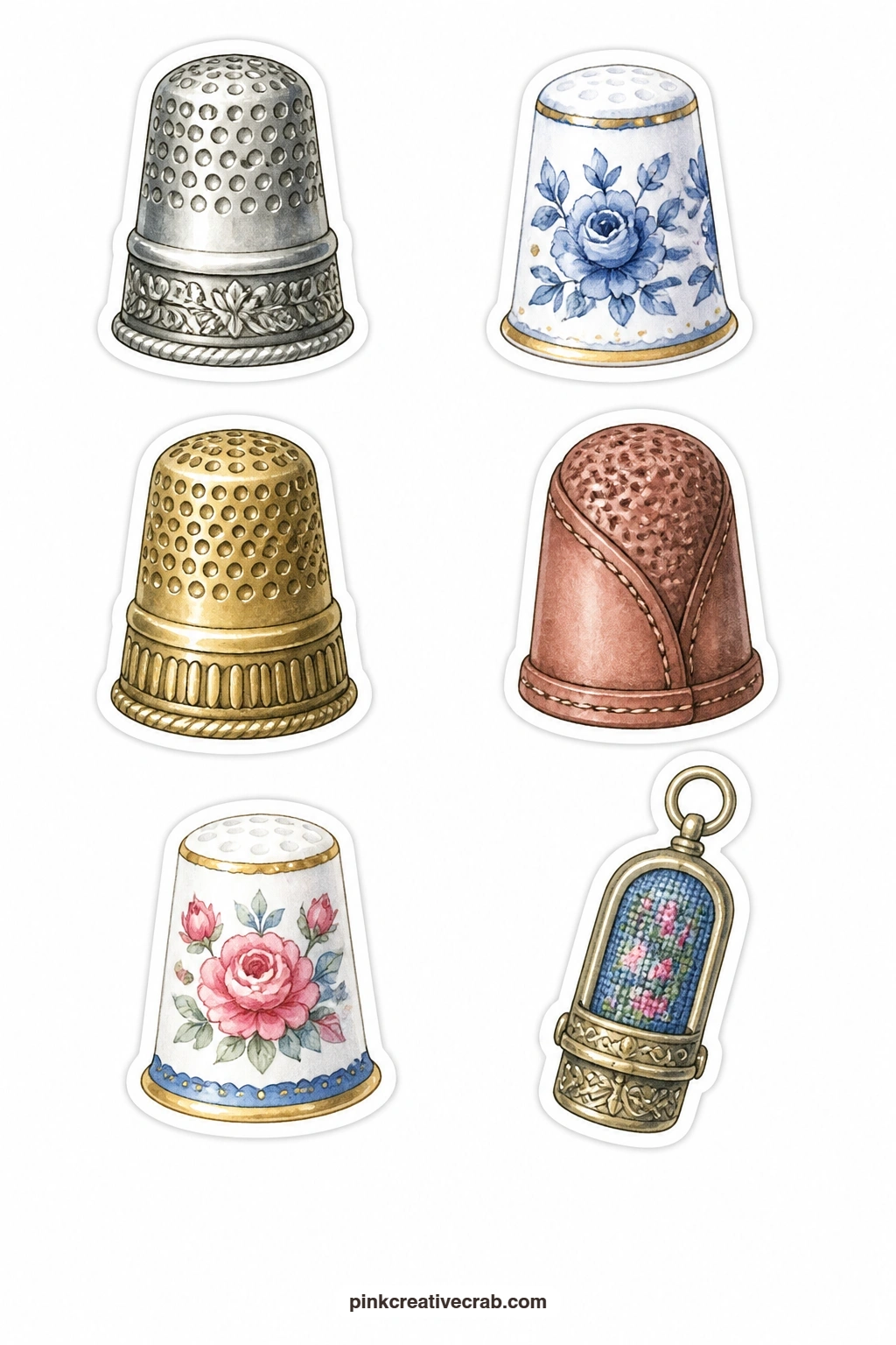Thimbles Stickers printable page — A silver thimble, a porcelain thimble, a brass thimble, a leather thimble, a thimble with roses and a thimble holder make