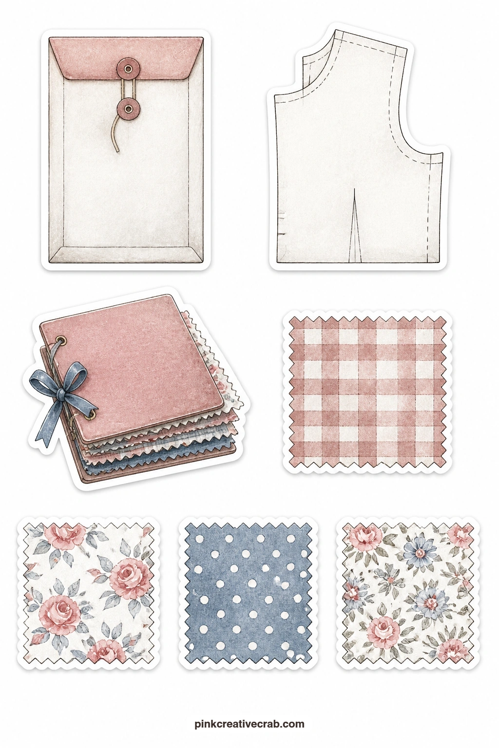 Patterns And Fabric Stickers printable page — A plain pattern envelope, a pattern piece, a fabric swatch book, a gingham fabric, a floral fabric and a polka