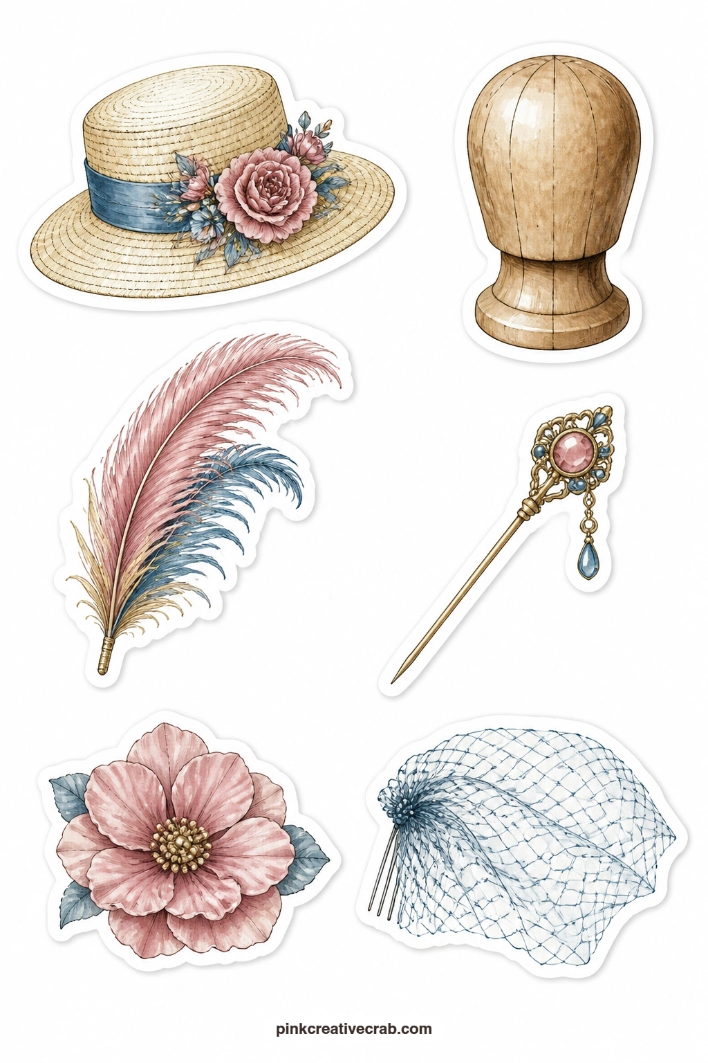 Hat Making Stickers printable page — A straw hat, a hat block, a feather plume, a hat pin, a silk flower and a veil netting make up this sheet, a small nod to