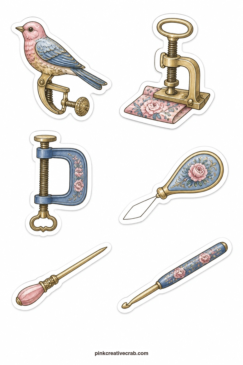 Sewing Helpers Stickers printable page — A sewing bird clamp, a brass hem clamp, a table clamp, a needle threader, a bodkin and a crochet hook cover this sheet