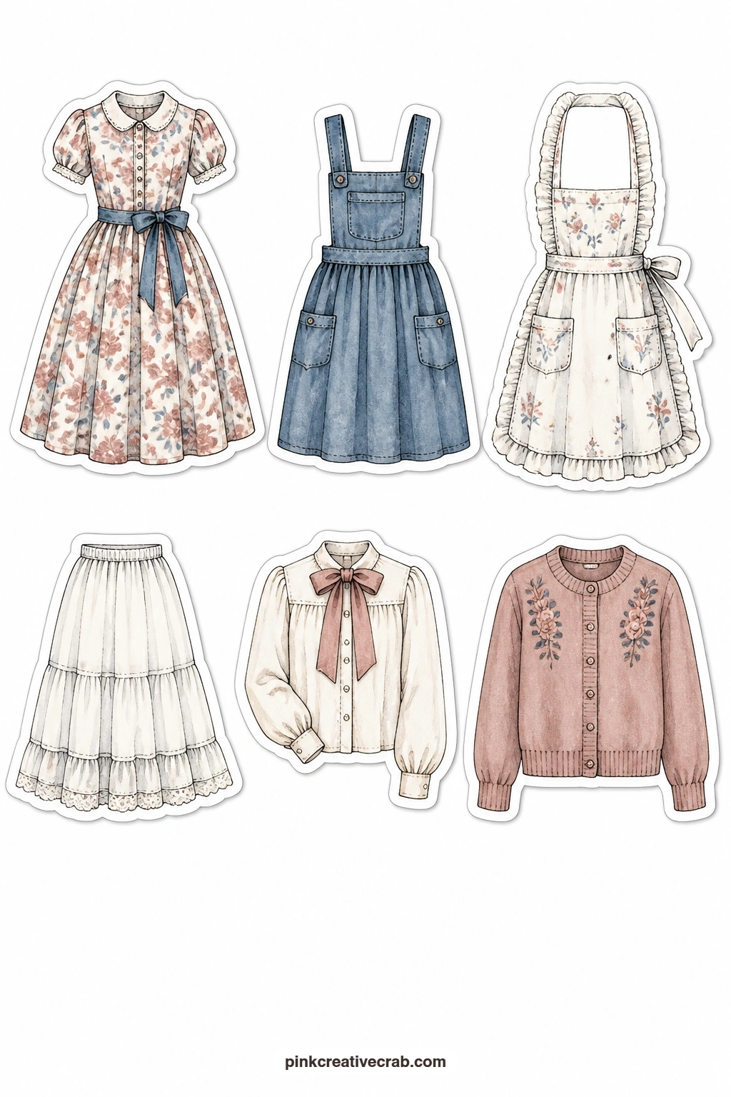 Vintage Dresses Stickers printable page — A tea dress, a pinafore, an apron, a petticoat, a blouse with a bow and a cardigan sit on this sheet, soft little
