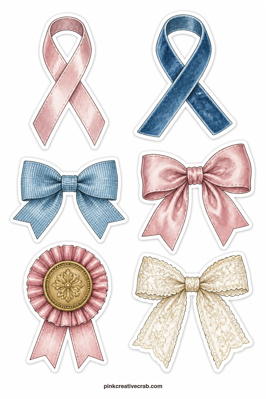 Ribbons And Bows Stickers printable page — A satin ribbon, a velvet ribbon, a grosgrain bow, a silk bow, a ribbon rosette and a lace bow make this sheet a