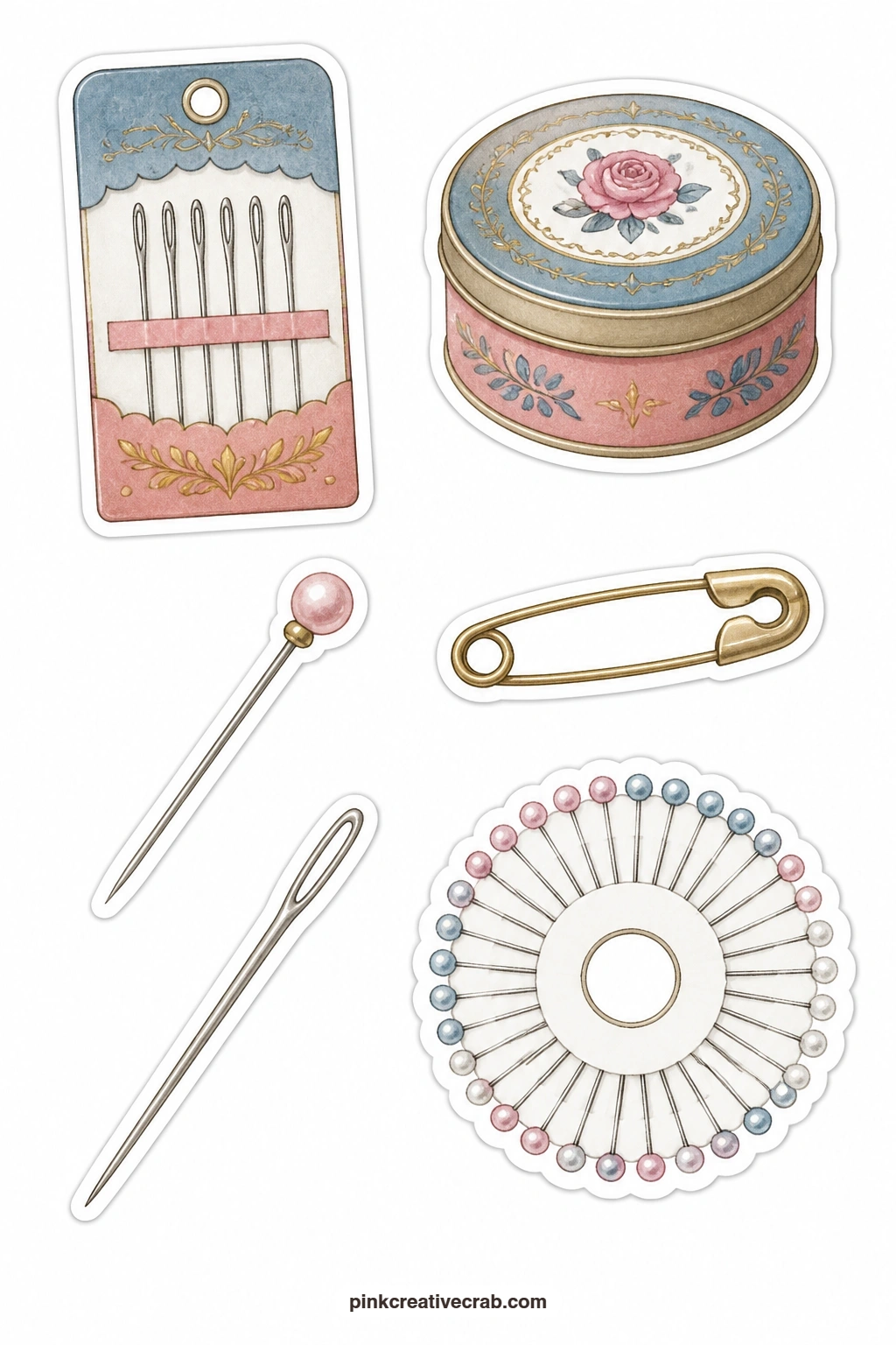 Needles And Pins Stickers printable page — A needle packet, a pin tin, a pearl pin, a safety pin, a darning needle and a pin wheel cover this sheet, small