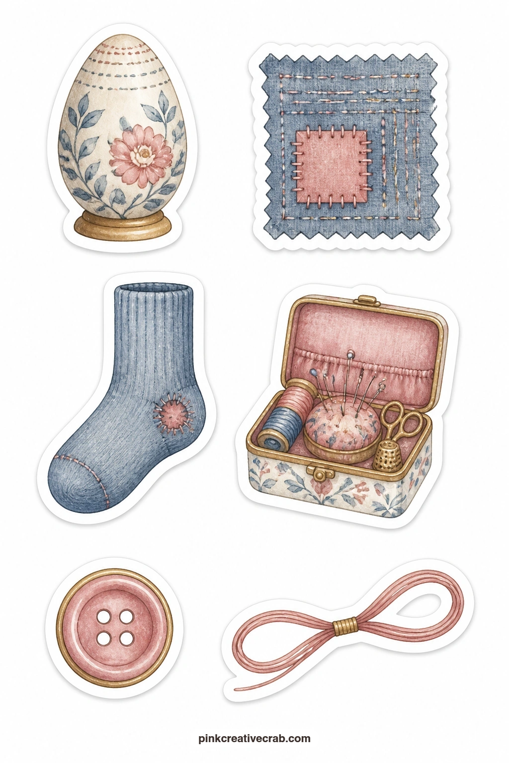 Mending Stickers printable page — A darning egg, a fabric patch, a sock to mend, a mending kit, a loose button and a thread loop make up this sheet, a gentle